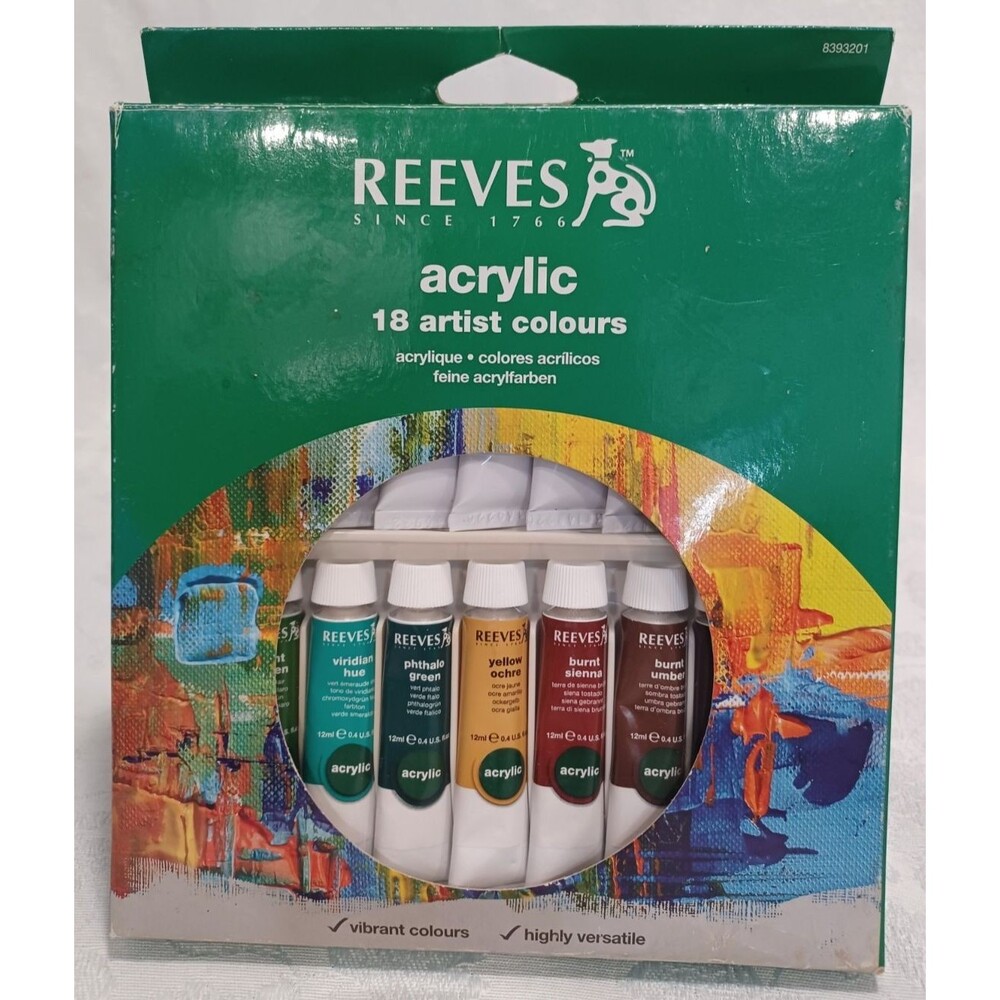 REEVES ACRYLIC 18 ARTIST COULOURS PAINT PACK 18 X 12 ML NOS